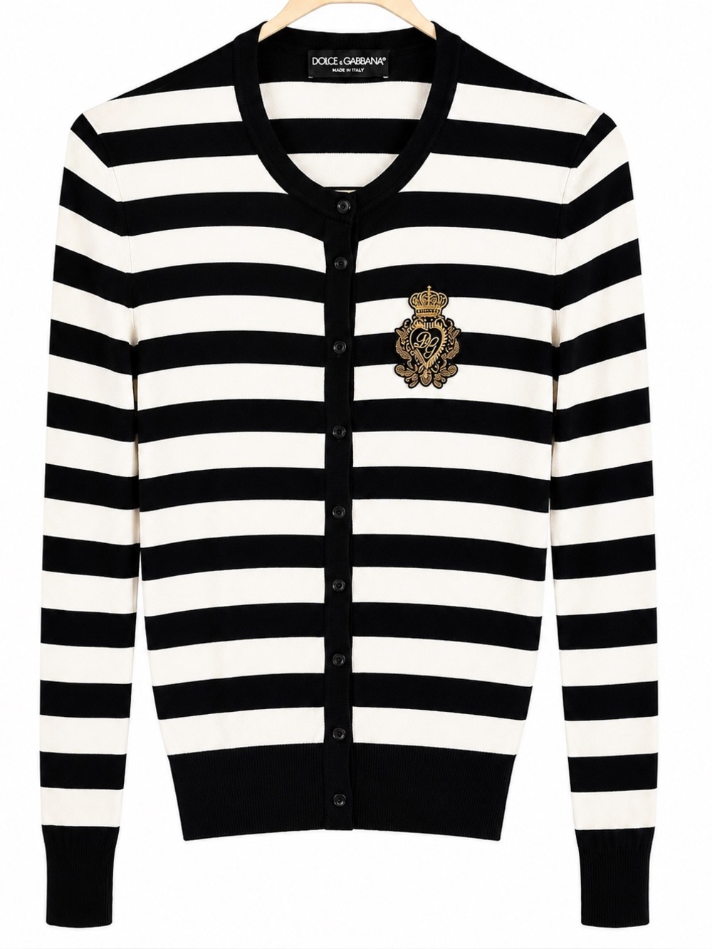 Dolce & Gabbana Striped Cashmere Button Sweater w/ gold crest embroidery sz 6